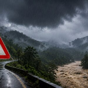 Dark storm clouds over the hills of Wayanad during heavy rainfall, symbolizing the Red Alert and risk of landslides and flash floods.