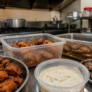 Stale fried chicken, fried fish, and mayonnaise kept on a commercial kitchen counter during a food safety inspection in Mananthavady.