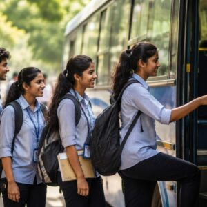 Students boarding a private bus in Kerala as the Motor Vehicles Department introduces new student bus concession rules.