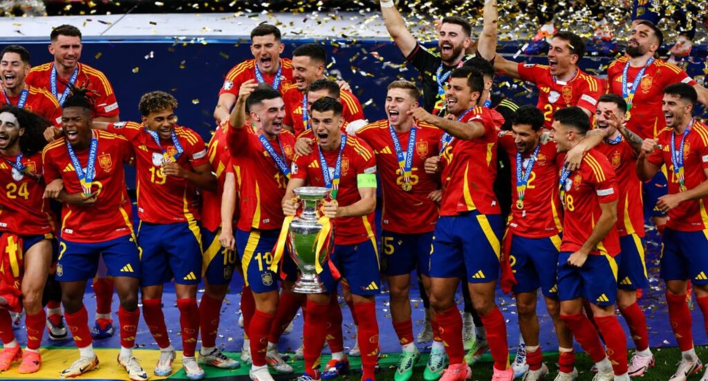 Spain players celebrate after defeating Argentina to win the FIFA World Cup 2026 final.