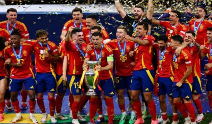 Spain players celebrate after defeating Argentina to win the FIFA World Cup 2026 final.