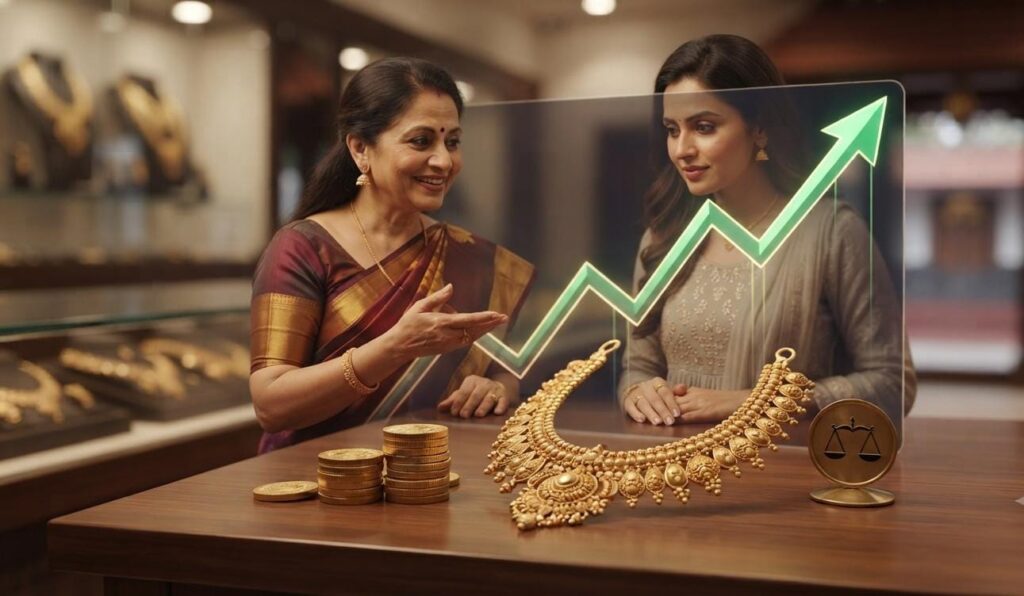 Gold jewellery displayed in a showroom representing the latest increase in gold prices in Kerala, with the price of one sovereign rising above ₹1.06 lakh.