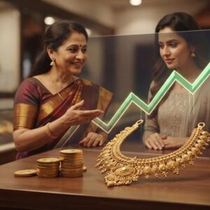 Gold jewellery displayed in a jewellery showroom representing today's gold price increase in Kerala.