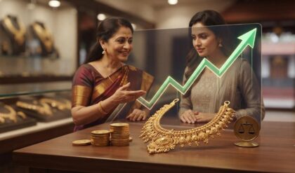 Gold jewellery displayed in a jewellery showroom representing today's gold price increase in Kerala.
