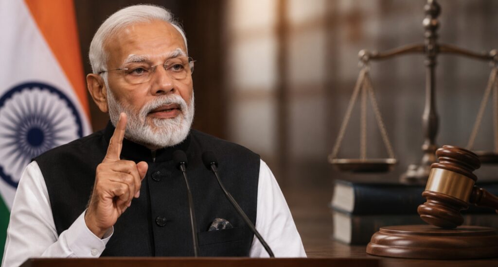Prime Minister Narendra Modi announcing fast-track courts for paper leak cases to ensure speedy justice and protect the integrity of India's examination system.