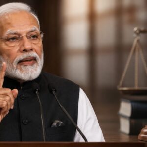 Prime Minister Narendra Modi announcing fast-track courts for paper leak cases to ensure speedy justice and protect the integrity of India's examination system.
