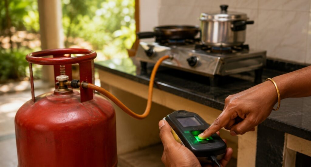 An Indane LPG gas cylinder placed beside a domestic kitchen, representing the mandatory biometric eKYC deadline for gas consumers before July 31.