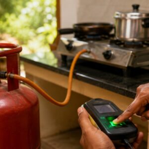 An Indane LPG gas cylinder placed beside a domestic kitchen, representing the mandatory biometric eKYC deadline for gas consumers before July 31.