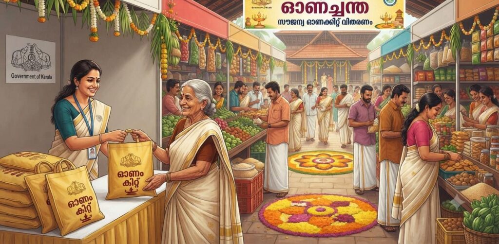 Traditional Kerala Onam festival-themed illustration featuring a colorful pookalam, fresh vegetables, rice, coconut, bananas, grocery items, and a festive village setting, symbolizing the Kerala government's free Onam kit distribution and Onam market preparations.