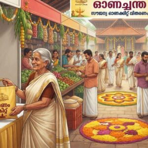 Traditional Kerala Onam festival-themed illustration featuring a colorful pookalam, fresh vegetables, rice, coconut, bananas, grocery items, and a festive village setting, symbolizing the Kerala government's free Onam kit distribution and Onam market preparations.
