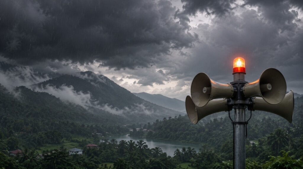 Dark rain clouds over Wayanad with an emergency warning siren symbol representing the Orange Alert in Kerala.