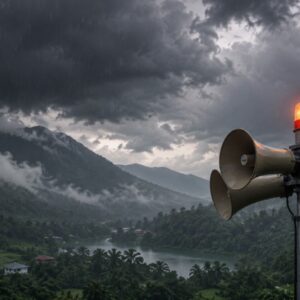 Dark rain clouds over Wayanad with an emergency warning siren symbol representing the Orange Alert in Kerala.