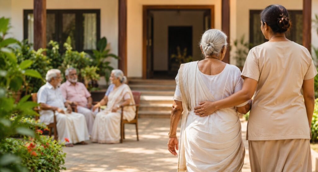 Entrance of a senior citizens' home in Kerala with a welcoming atmosphere, representing the government's decision to rename old age homes as Snehalayam.