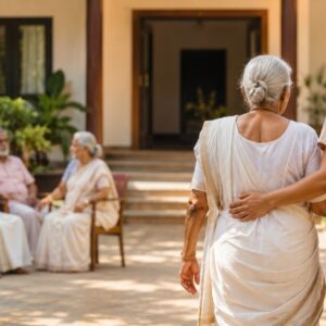 Entrance of a senior citizens' home in Kerala with a welcoming atmosphere, representing the government's decision to rename old age homes as Snehalayam.