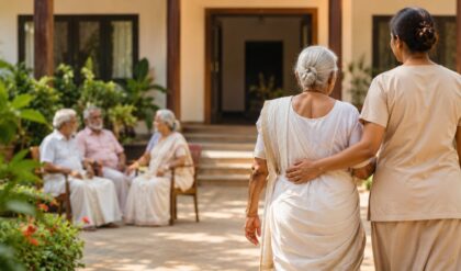 Entrance of a senior citizens' home in Kerala with a welcoming atmosphere, representing the government's decision to rename old age homes as Snehalayam.