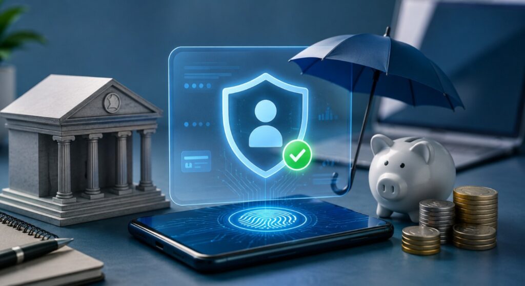 Illustration representing the CKYC 2.0 digital KYC system for banking, insurance, and investment services in India.