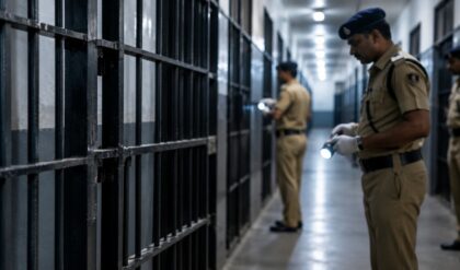 Kerala Police conducting Operation Thoofan inspection at a prison after seizing ganja and other contraband.