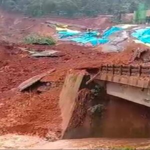 Rescue personnel conduct search operations at the Meppadi tunnel road landslide site in Wayanad, where two deaths have been confirmed and several people are feared trapped under the debris.