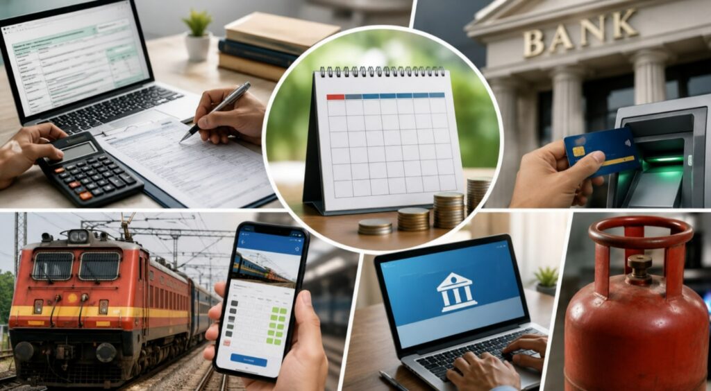 A conceptual image representing major monthly financial changes, featuring income tax filing, banking services, an LPG gas cylinder, railway ticket booking, and personal finance elements.