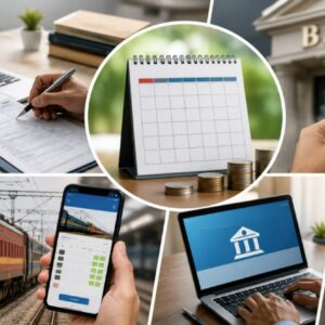 A conceptual image representing major monthly financial changes, featuring income tax filing, banking services, an LPG gas cylinder, railway ticket booking, and personal finance elements.