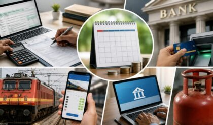 A conceptual image representing major monthly financial changes, featuring income tax filing, banking services, an LPG gas cylinder, railway ticket booking, and personal finance elements.
